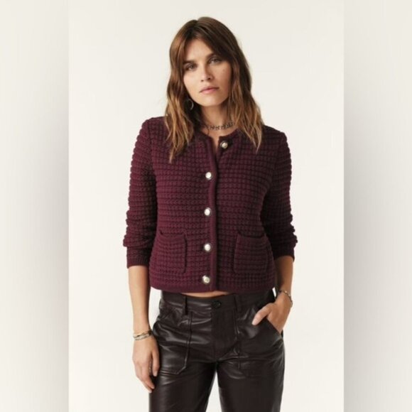 NEW Ba&sh Bash Gaspard Tweed Cardigan Jacket in Burgundy Red | size 2  / M - Picture 3 of 15